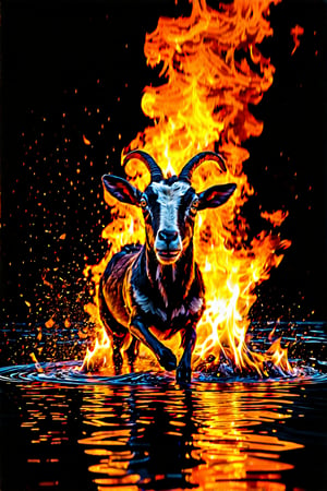 A blazing goat materializes above the surface of a dark, still lake, its entire being engulfed in fiery hues. Flames dance across its charred coat, casting an eerie glow on the rippling water below. The surrounding atmosphere is heavy with an otherworldly ambience, as if the very air itself is aflame. The goat's eyes burn with an uncanny intensity, its features rendered in exquisite detail, as if it were a being born of pure inferno.