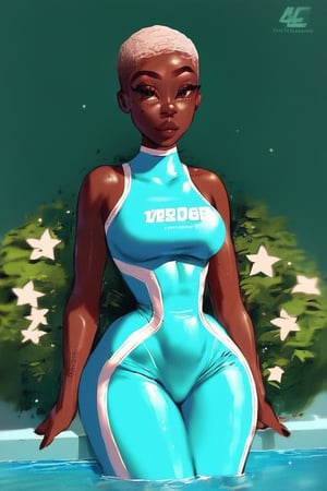 1girl, very low hair, baby edges, large breast, tiny waist, wide hips, dark skinned, in the pool, water ripples, bodysuit, score_9_up, score_8_up, score_7_up