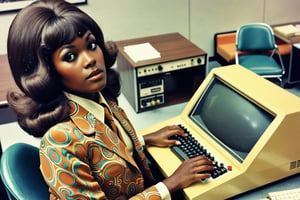 1girl, dark brown skinned ,  wearing a 70s suit,  70s computer , in an office , highly detailed , VTWXL