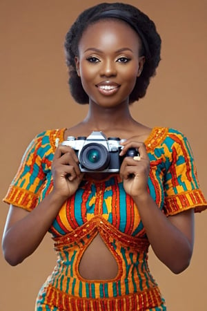 An African woman, wearing an African attire, holding a camera, Ken8e