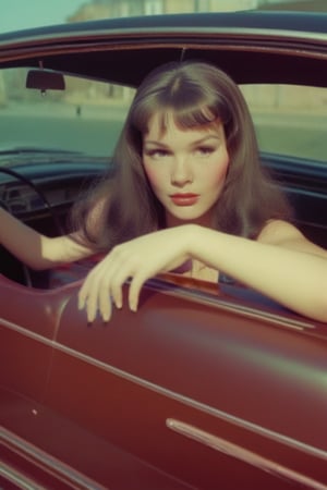 1girl, vintage, sitting in a car , hands touching exterior of the car, bodysuit, VTWXL, lawrah