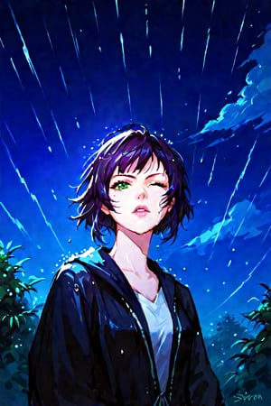 score_9, score_8_up, score_8., 1girls, solo, sky, night, raining, standing, outdoor, sketch, soifon, upper body, green_eyes, parted_lips, one tear, 