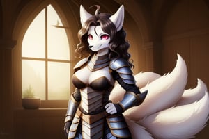 Highly detailed,High Quality, masterpiece,beautiful,best quality,(,whole,),1girl,solo,ahoge,kitsune,furry,furry_female,smiling,posing,standing,(,white_body,animal_ears,pink_eyes,multi_tails,animal_tails,breasts, black_wavy hair),(,dragon armor,),room,dragon armor