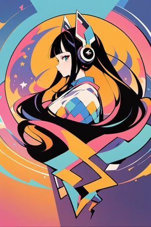 masterpiece, best quality, anime style, super fine illustration, highly detailed, 1girl, solo, long hair, bangs, simple background, beautiful eyes, black hair, hair ornament, heart, blunt bangs, star \(symbol\), mole, mole under eye, headphones, vivid background, flat color, colorful, lightning bolt symbol,Colorful art,Flat vector art,Vector illustration,Illustration, full_body