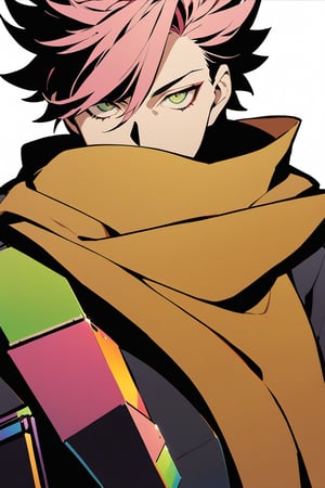 masterpiece, best quality,  beautiful eyes, clear eyes, detailed eyes, dark-eyes, solo, short hair, long sleeves, 1boy, 30_old, green eyes, pink hair, male focus, scarf, coat, letterboxed, spiked hair, covering face, yellow scarf, break, Flat vector art, Colorful art,Eyes, d, posing, ink, cube, white_background, simple_background
