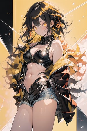 anime style, super fine illustration, highly detailed, dynamic angle, beautiful detailed, 8k,  , 1girl, solo, long hair, straight_hair, breasts, looking at viewer, smile, bangs, simple background, long sleeves, white background, navel, cleavage, bare shoulders, medium breasts, closed mouth, underwear, yellow eyes, break, panties, jacket, black hair, break, thighs, multicolored hair, cowboy shot, yellow hair, break, open clothes, shorts, off shoulder, bra, open jacket, break, black jacket, short shorts, highleg, denim, black bra, denim shorts, highleg panties, leather, leather jacket, perfect light, latex princess, ARISTYLE4,niji, smile