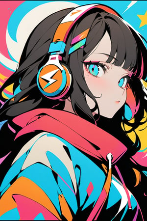 masterpiece, best quality, anime style, super fine illustration, highly detailed, 1girl, solo, long hair, bangs, simple background, beautiful eyes, black hair, hair ornament, heart, blunt bangs, star \(symbol\), mole, mole under eye, headphones, vivid background, flat color, colorful, lightning bolt symbol,Colorful art,Flat vector art,Vector illustration,Illustration