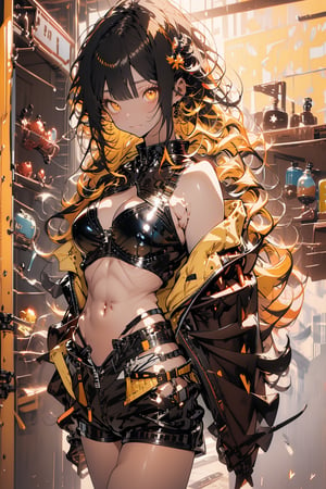 anime style, super fine illustration, highly detailed, dynamic angle, beautiful detailed, 8k,  , 1girl, solo, long hair, straight_hair,breasts, looking at viewer, smile, bangs, simple background, long sleeves, white background, navel, cleavage, bare shoulders, medium breasts, closed mouth, underwear, yellow eyes, break, collarbone, panties, jacket, braid, black hair, break, thighs, multicolored hair, cowboy shot, yellow hair, break, open clothes, shorts, off shoulder, bra, open jacket, break, black jacket, short shorts, highleg, denim, black bra, denim shorts, highleg panties, leather, leather jacket, perfect light, latex princess, ARISTYLE4,niji, smile