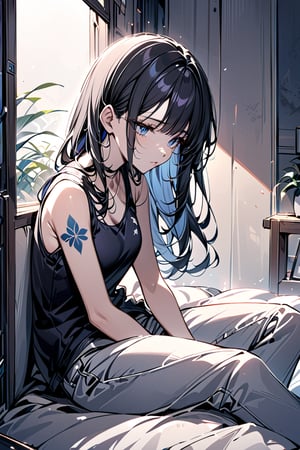 A mellow atmosphere settles in as the girl sits on a bed, surrounded by a chain-link fence. Her long black hair cascades down her back, framing her face with blunt bangs. She sports a tattoo and wears a tank top, paired with pants that hint at a relaxed demeanor. A cigarette dangles from her lips as she takes a slow, contemplative drag, lost in thought as the window's soft glow illuminates her introspective moment.,Beautiful eyes,Eyes,Colorful art