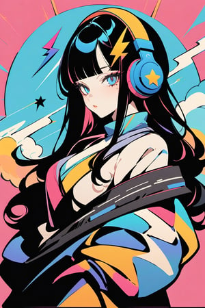 masterpiece, best quality, anime style, super fine illustration, highly detailed, 1girl, solo, long hair, bangs, simple background, beautiful eyes, black hair, （smoking:1.3), hair ornament, heart, blunt bangs, star \(symbol\), mole, mole under eye, headphones, vivid background, flat color, colorful, lightning bolt symbol,Colorful art,Flat vector art,Vector illustration,Illustration, full_body,warrior