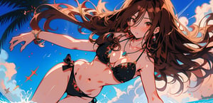 anime style, super fine illustration, highly detailed, dynamic angle, beautiful detailed, 8, 1girl, solo, looking at viewer, long hair, brown hair, navel, brown eyes, jewelry, swimsuit, bikini, parted lips, necklace, lips, black bikini, simple_background
