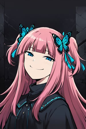 , creative, complex background,Expressiveh,concept art,dark theme,nino nakano,long hair,bangs,blue eyes,hair ornament,hair ribbon,pink hair,blunt bangs,two side up,butterfly hair ornament, smug face