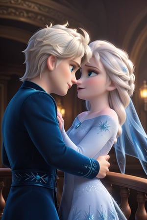 Ethereal Elsa and dashing Jack Frost stand poised on a majestic marble balcony, basking in the warm, golden glow of an epic sunset's gentle descent below the horizon. Elsa's radiant white gown gleams against the fading warmth, while Jack Frost's piercing blue eyes and white hair stand out amidst the gentle radiance. The couple's bright, detailed features are illuminated, their eyes shining with tender emotion amidst the soft, golden light. They sing together happily.