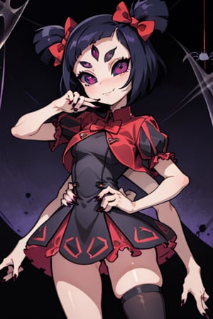 Highly detailed, Master Piece, beautiful, (medium long shot), 1girl, solo, spider girl, monster girl, a pose, A bipedal spider girl monster with six arms, purple skin, and six black spider eyes. She has long legs and sharp, claw-like nails. Her eyes are symmetrically arranged on her forehead and cheeks, giving her a wide field of vision. 