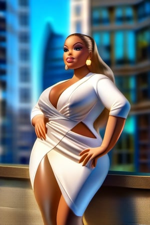 In a vibrant urban setting, bathed in warm golden light, a stunning plus-size woman, reminiscent of Bratz dolls, confidently strides forward. Her long blonde locks cascade down porcelain-soft skin like honey, while piercing baby blue eyes sparkle like diamonds, drawing attention to her radiant presence. Urban chic attire with intricate textures shines against the cityscape backdrop, emphasizing her confident posture and poise.,BGM