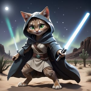 a cat jedi, real light green lightsaber, in a desert, zootopia style, :>, female child, fighting pose, Visual ahead, smiling face, night, hooded cloak, blue aurora