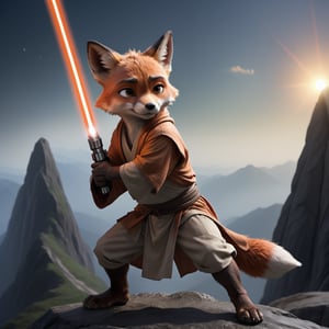 a fox jedi, real light orange lightsaber, on a mountain, zootopia style, :>, male child, fighting pose