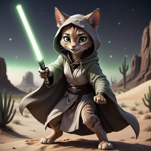 a cat jedi, real light green lightsaber, in a desert, zootopia style, :>, female child, fighting pose, Visual ahead, smiling face, night, hooded cloak