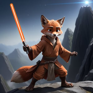 a fox jedi, bright orange lightsaber, on a mountain, zootopia style, :>, male child, fighting pose
