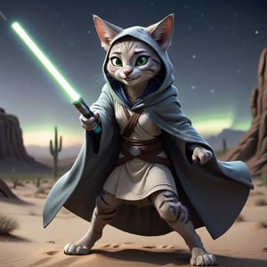 a cat jedi, real light green lightsaber, in a desert, zootopia style, :>, female child, fighting pose, Visual ahead, smiling face, night, grey hooded cloak, blue aurora