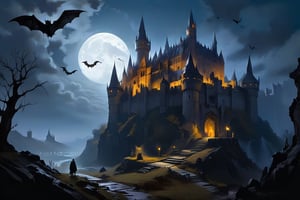 A foreboding, crumbling fortress rises from the moonlit darkness, its turrets and spires reaching towards the starless sky like skeletal fingers. The air is heavy with the scent of damp earth and decay as bats swarm around the castle's imposing walls, their leathery wings beating in unison. In the foreground, a lone figure stands at the entrance, shrouded in shadows, as if guarding secrets within.