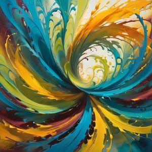 A swirling vortex of cerulean, amaranth, and chartreuse hues converge, radiating kinetic energy as wispy tendrils of iridescent color dance across the canvas. Gradient layers of burnt orange, lemon, and sunshine yellow overlap, imbuing the composition with a sense of dynamic movement. Vibrant brushstrokes appear to pulse and vibrate, as if alive.