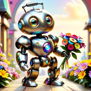 Up-close shot of an endearing robot with a rounded head and bright, shining eyes. Its metallic body is adorned with colorful buttons and a fluffy ribbon tied around its neck. The robot's tiny hands hold a bouquet of flowers, and it poses with one knee bent and the other foot lifted off the ground. Soft focus, warm lighting, and a cozy background create a sense of innocence and playfulness.