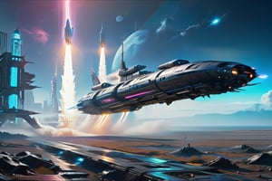 A 3D rendering of a spaceship taking off into space with a cyberpunk look and wide aspect ratio.