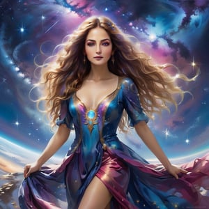 Create a stunning image of a celestial woman standing gracefully against an astronomical background. The woman should have an ethereal presence, with flowing, luminescent hair that resembles the Milky Way. Her eyes should sparkle like stars, and her skin should have a soft, radiant glow, reflecting the colors of a nebula. She should be adorned in a gown made of shimmering stardust, which blends seamlessly into the surrounding cosmos.

The background should feature a breathtaking expanse of space, with swirling galaxies, distant planets, and vibrant nebulas in various shades of blue, purple, and pink. The stars should twinkle brightly, and there should be a sense of depth and infinity to the scene. Include a few comets and shooting stars to add dynamic movement to the image. The overall atmosphere should be magical and otherworldly, capturing the beauty and vastness of the universe.