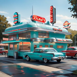 Outside of a 1960s diner in monochromatic colors and vintage feel.