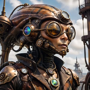 A photograph of a steampunk alien taken from a low-angle viewpoint.