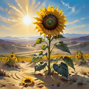 Vibrant desert landscape with a lone, abstracted sunflower standing tall amidst sandy dunes, its bright yellow petals and dark center bursting forth in bold brushstrokes. The sun beats down, casting long shadows across the textured terrain as the distant horizon blurs into a hazy blue. Low-res textures and chunky brushwork add a tactile quality to this colorful, avant-garde scene.