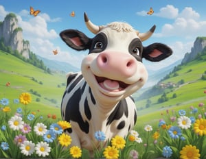 cute cartoon character, cow enjoying springtime flowers, (((masterpiece))),(best quality)