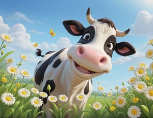 cute cartoon character, cow enjoying springtime flowers, (((masterpiece))),(best quality)