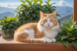 wide view, mad-hecke cat,  leaf cat ,sleeping on marble planter wooden pot, 8k, colorful scenic mountains clear sky through window panes background,