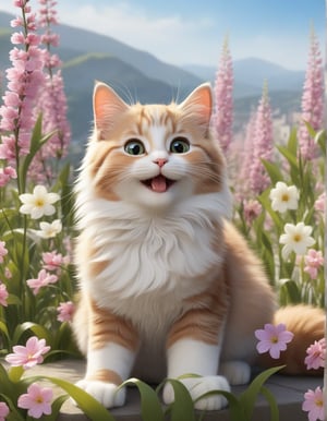 cute cartoon character, cat enjoying springtime flowers, (((masterpiece))),(best quality)