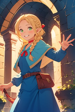 (masterpiece),4K,best quality,1girl,cowboy shot,marcille donato\donato marcille\(delicious in dungeon\),pointy ears,blonde hair,parted bangs,hair ribbon,green eyes,red choker,light blue capelet,ribbon,dark blue dress,(long dress),brown belt,belt pouch, (french braid twin braids),stone bricks,arch,visual appeal,dynamic pose,smile,