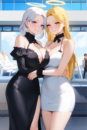 score_9, score_8_up, score_7_up, ,(masterpiece,best quality,4K),group photo,(two girls,two people),((angel and devil)),same age,(cuddle),glamorous,gorgeous,beautiful,delicate facial features,detailed eyes,large breasts,smile,small mouth,airport,symmetrical docking,breast press,(devil girl).
A role : devil girl wearing ((black dress)),((little devil tail)),white hair,long hair,long parted bangs\.
B role : angel girl wearing (white dress),halo,blond,bare shoulders\.