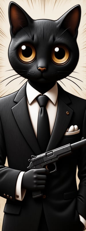 black cat,James Bond 007,black suit,white shirt,black tie,pistol,