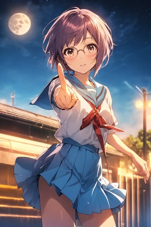 score_9, score_8_up, score_7_up, source_anime,best quality,nagato yuki\,(detailed eyes),(visual appeal),cowboy shot,short hair,bangs,purple hair,glasses,brown eyes,blue sailor collar,white serafuku,red ribbon,blue skirt,kita high school uniform,on school roof,moon,standing,beautiful female fingers,finger length,pointing outstretched hand,Index finger glows,alien,