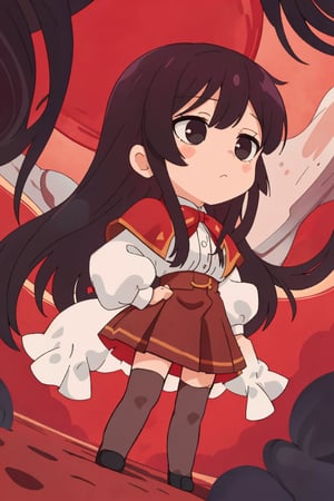 score_9, score_8_up, score_7_up, source_anime, dolkness\,yumiella dolkness\,dolkness yumiella\,black hair,very long hair,hair between eyes,black eyes,expressionless,white shirt,long sleeves,frills,neck ribbon,red ribbon,(red cape),brown pleated skirt,frilled skirt,thighhighs,black footwear,mary janes,red corset,red front skirt,cute and adorable,chibi,straight hair,(hand up,black hole magic),no outline,no profile,no contour,simple style,(from below),school,