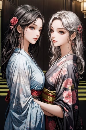 (Anitoon2),A striking artwork featuring two elegant figures adorned in vibrant, traditional Japanese kimonos. One figure has long, dark hair with a red flower accessory, while the other has shorter silver hair. Both are characterized by detailed tattoos and ornate jewelry, including large earrings. Their expressions convey a sense of intimacy and mystery, set against a backdrop of colorful floral patterns and soft, ethereal lighting that enhance the overall aesthetic. (make up,detailed eyes,beautiful female fingers,Japanese style garden,architecture,dreamy atmosphere),