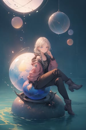 calm water scene,(masterpiece,4K,best quality,detailed eyes,detailed face),concept art,1girl,wariza,(a floating sphere),half the size of the picture,full sphere,((with a girl sitting on it)),