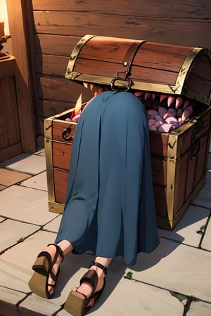 (masterpiece),4K,best quality,1girl,marcille donato\donato marcille\(delicious in dungeon\),dark blue dress,long dress,brown belt,belt pouch,sandals,(trembling effect),mimicmeme, from from behind,mimic, mimic chest,(treasure chest),dungeon,