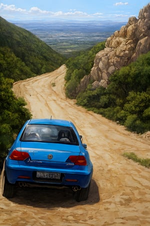 The white rally car is turning on the mountain road in Bayinbuluke, and a lot of sand and dust are kicked up from the rear of the car. oil painting,by Delacroix,