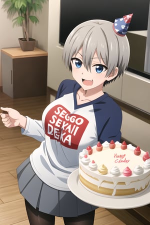 Hana Uzaki\,Uzaki Hana\,Uzaki-chan Wants to Hang Out\,1girl,large breasts,short hair,blue eyes,bangs,skin fang,grey hair,hair between eyes,t-shirt,raglan sleeves,t-shirt text("SUGOI DEKAI"),romaji text,clothes writing,long sleeves,denim skirt(short skirt),black pantyhose,fang,standing,birthday cake,living room,table,party hat,8k Ultra HD,detail processing,
