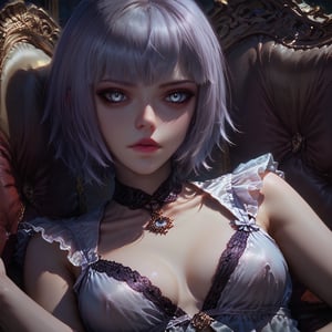 (close up shot of face),(best quality),1girl,(detailed eyes),gray eyes,white hair,short hair,babydoll,emo,Expressiveh,concept art,TY,BYK,dusk,