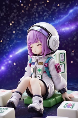 (1girl,little girl,girl focus),full body,kawaii,astronauts,a mahjong,(((one mahjong))),((giant mahjong)),(sits on a giant mahjong tile),starry sky background,masterpiece,4K,best quality,fantasy,concept,(detailed eyes),meticulous,detail processing,((PVC Style)),space suit,spacesuit helmet,purple hair,purple eyes,(half closed eyes),