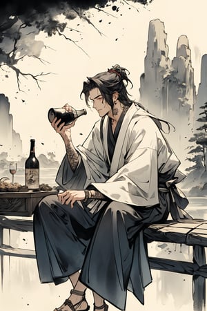 1boy,(scenery:1.3),beautiful man,beautiful detailed face,extremely detailed eyes,extremely excellent composition,visual appeal,ink style,aethetic,8k Ultra HD,straw sandals,unrestrained,wild,unfettered,drinking buddy,flagon,cheers,