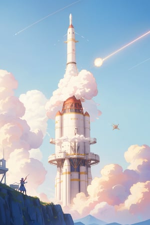 masterpiece,4K,(best quality),whimsy,fantasy,dreamlike,unconstrained style,ultra-detailed,more detail,perfect composition,visual appeal,metal tower,rocket takes off,smoke,progress,(people looking up from a distance),